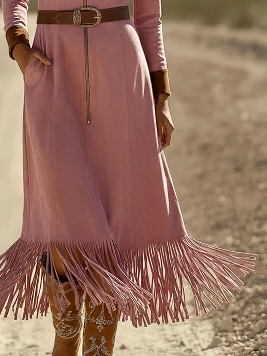 Western Retro Lace-Up Long Sleeve Pink Faux Suede Tassel Midi Dress sold by Oyrosy product image thumbnail 4