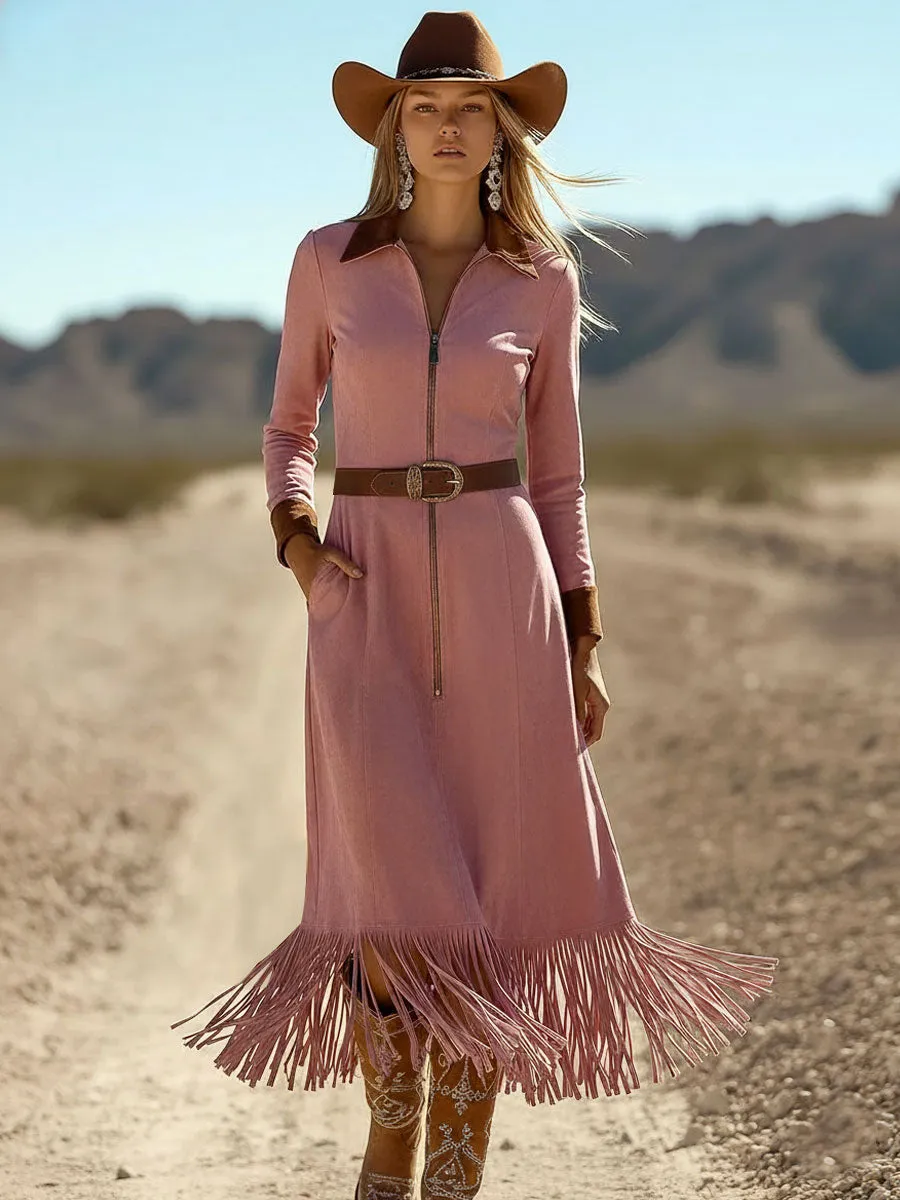 Western Retro Lace-Up Long Sleeve Pink Faux Suede Tassel Midi Dress sold by Oyrosy product image thumbnail 2