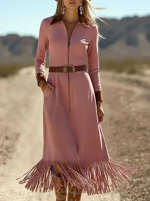 Western Retro Lace-Up Long Sleeve Pink Faux Suede Tassel Midi Dress sold by Oyrosy