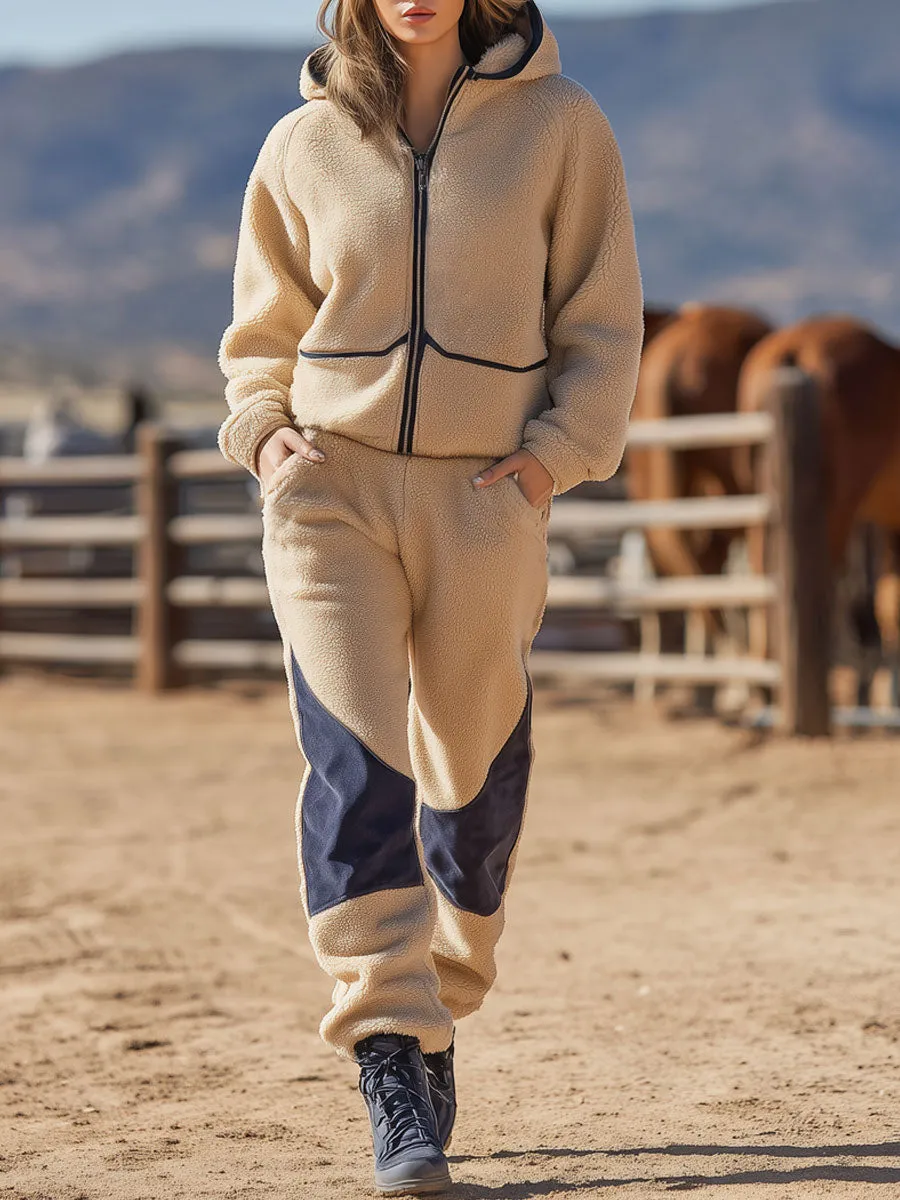 Western Vintage Suede Trim Apricot Polar Fleece Hoodie Pants Set sold by Oyrosy