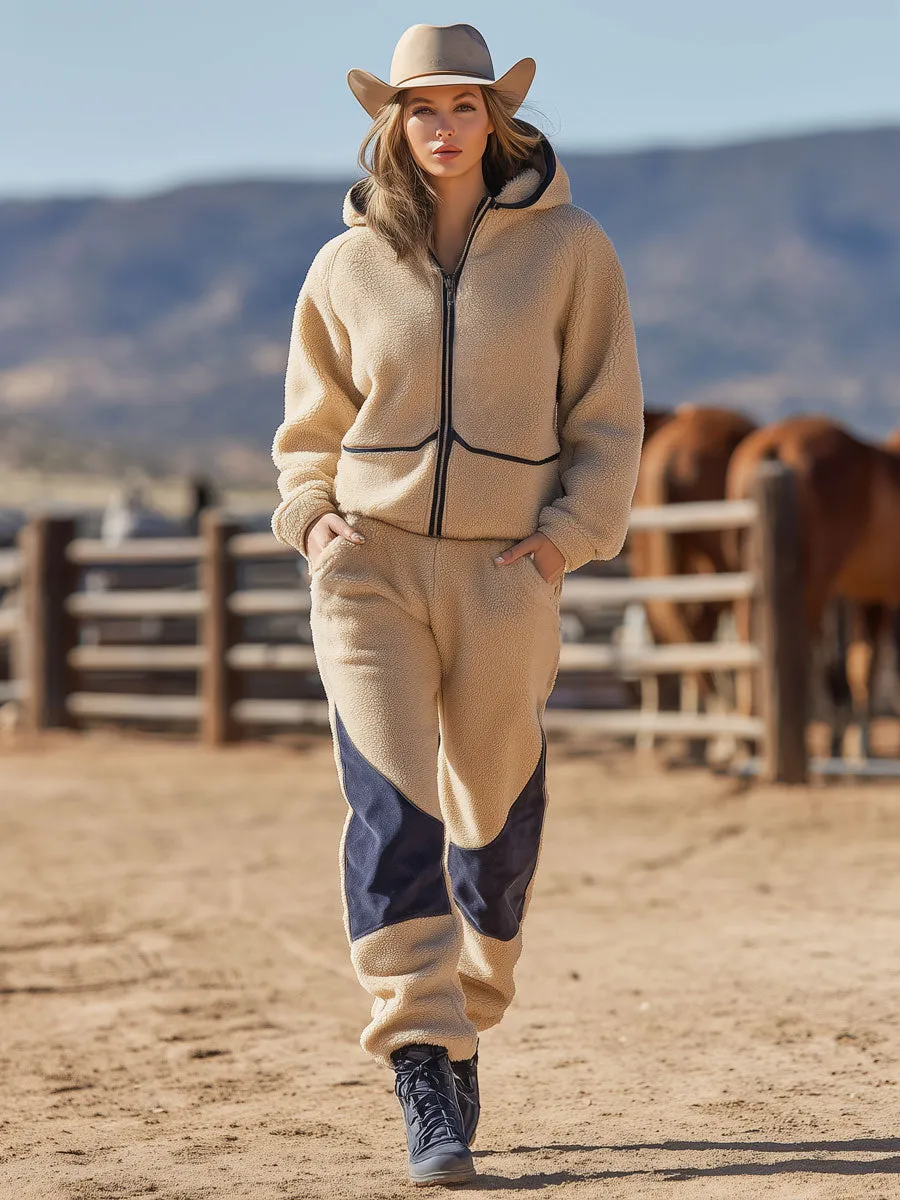 Western Vintage Suede Trim Apricot Polar Fleece Hoodie Pants Set sold by Oyrosy product image thumbnail 2