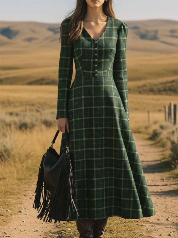 Western Green Plaid Wool V-Neck Button Maxi Dress sold by Oyrosy