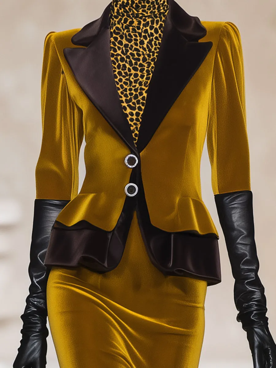 Elegant Gold Velvet Patchwork Black Button Jacket And Skirt Set sold by Oyrosy product image thumbnail 4