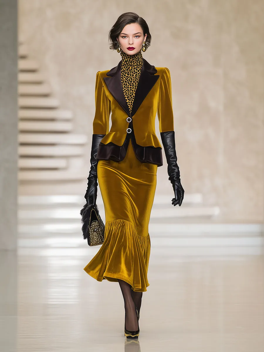 Elegant Gold Velvet Patchwork Black Button Jacket And Skirt Set sold by Oyrosy product image thumbnail 2