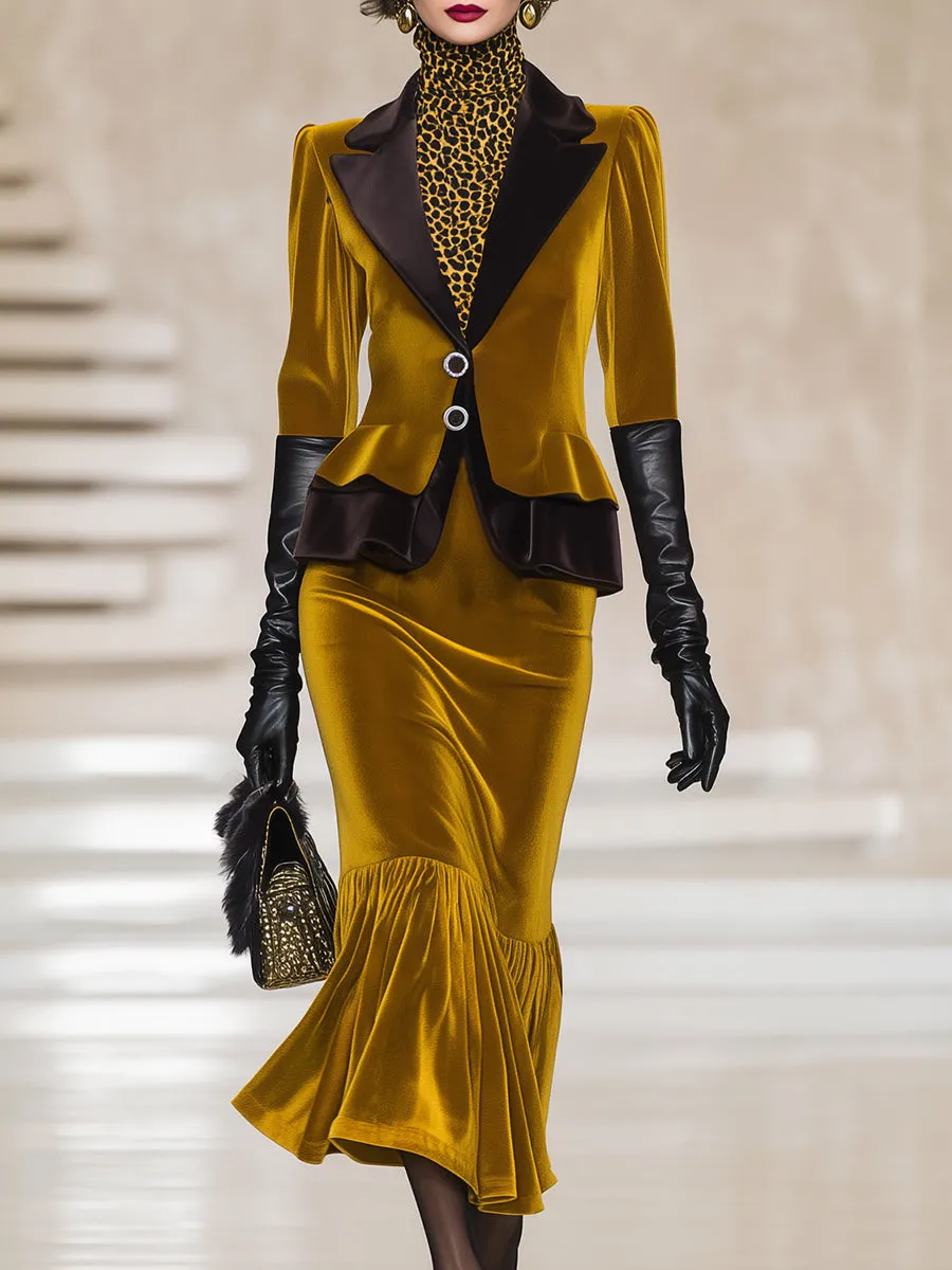 Elegant Gold Velvet Patchwork Black Button Jacket And Skirt Set sold by Oyrosy