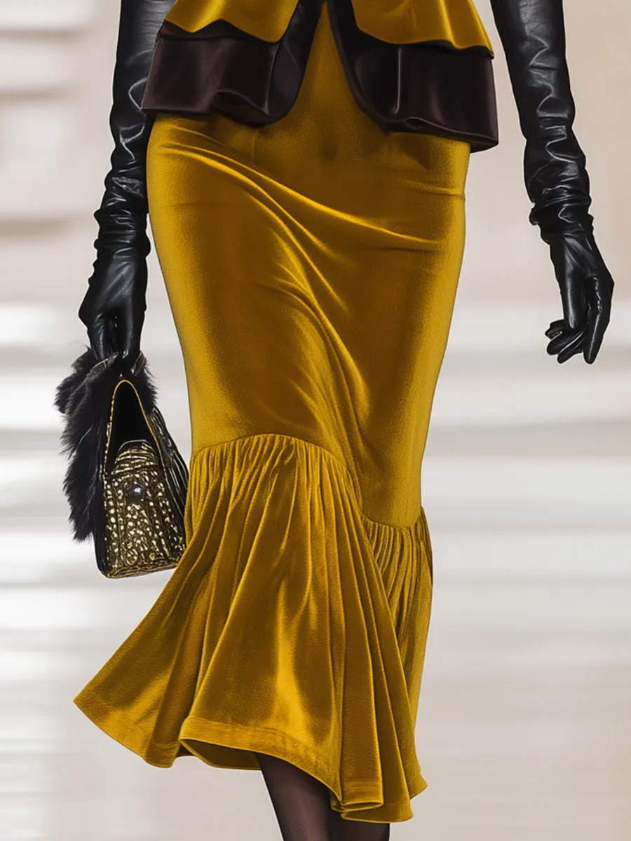 Elegant Gold Velvet Patchwork Black Button Jacket And Skirt Set sold by Oyrosy product image thumbnail 3