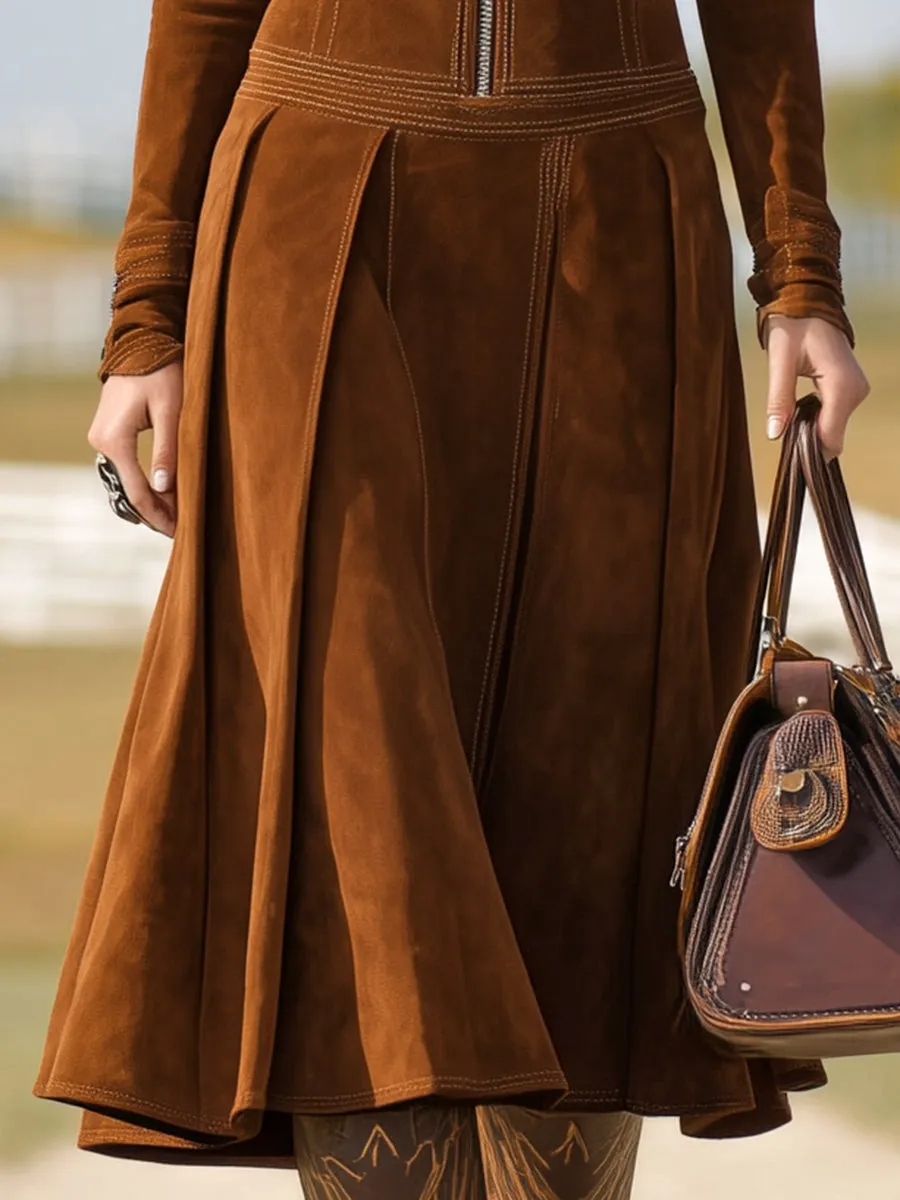Western Brown Faux Suede Zippered Pleated Midi Dress sold by Oyrosy product image thumbnail 4