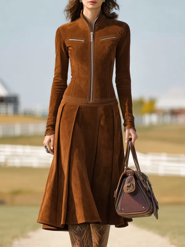Western Brown Faux Suede Zippered Pleated Midi Dress sold by Oyrosy