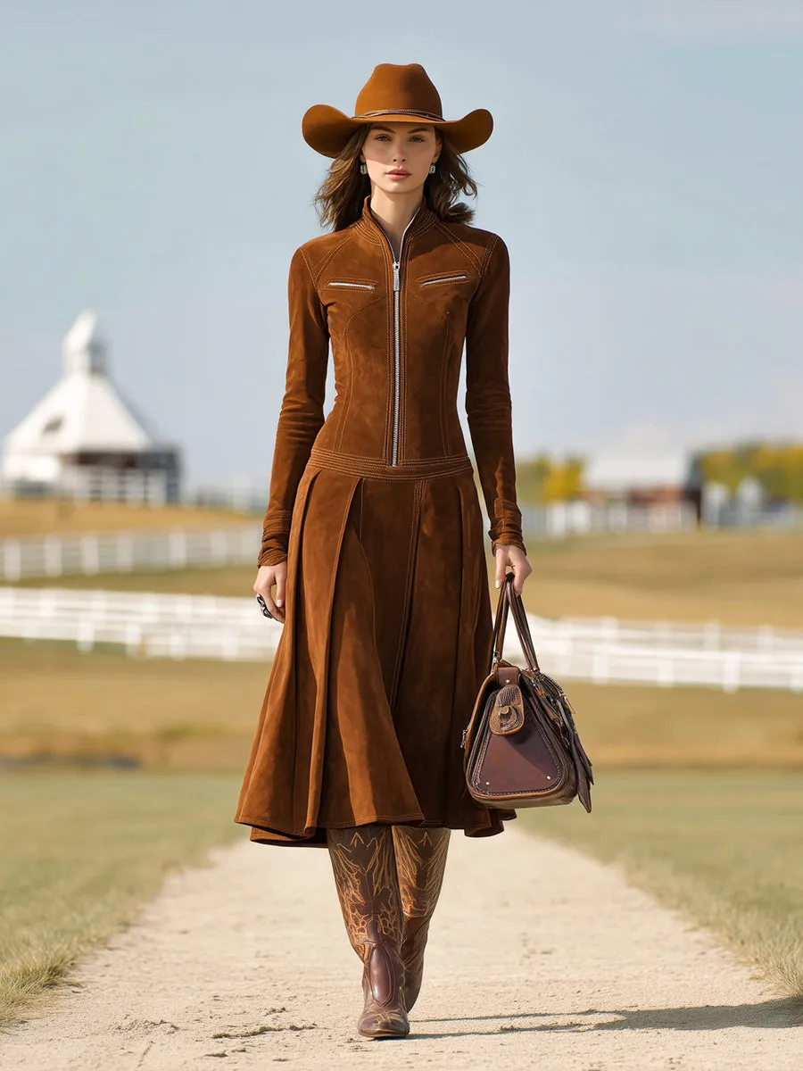 Western Brown Faux Suede Zippered Pleated Midi Dress sold by Oyrosy product image thumbnail 2