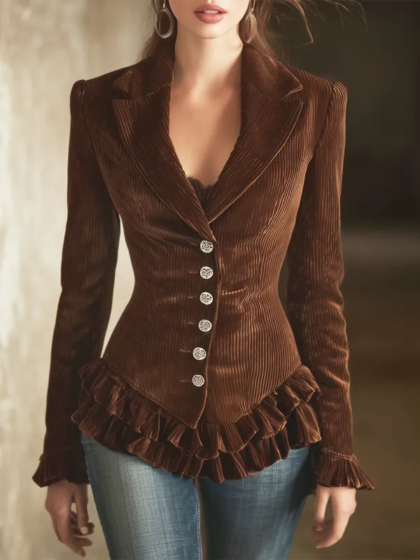 Fashionable Brown Corduroy Button Ruffle Blazer sold by Oyrosy