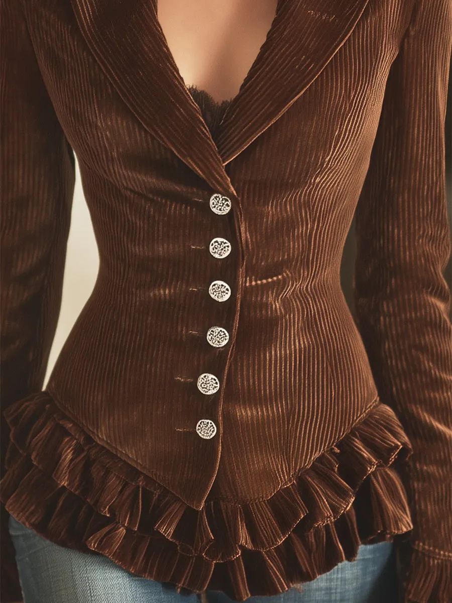 Fashionable Brown Corduroy Button Ruffle Blazer sold by Oyrosy product image thumbnail 5