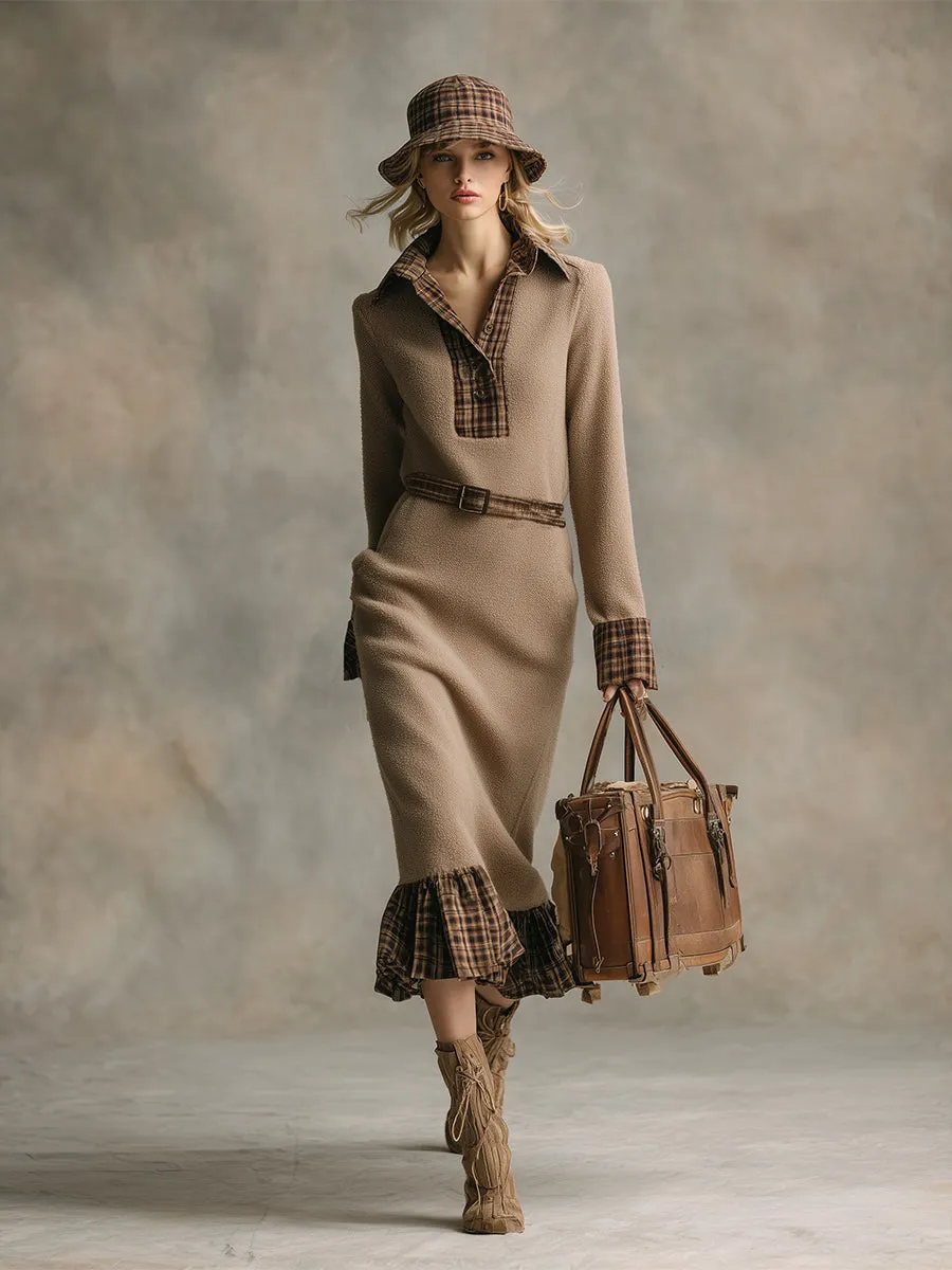 Elegant Vintage Plaid Trim Khaki Warm Polar Fleece Midi Dress sold by Oyrosy product image thumbnail 2