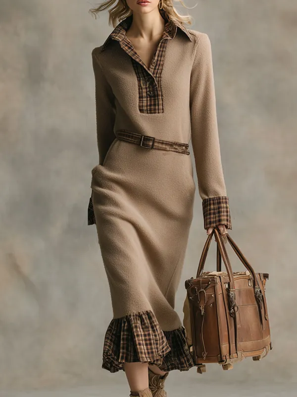 Elegant Vintage Plaid Trim Khaki Warm Polar Fleece Midi Dress sold by Oyrosy