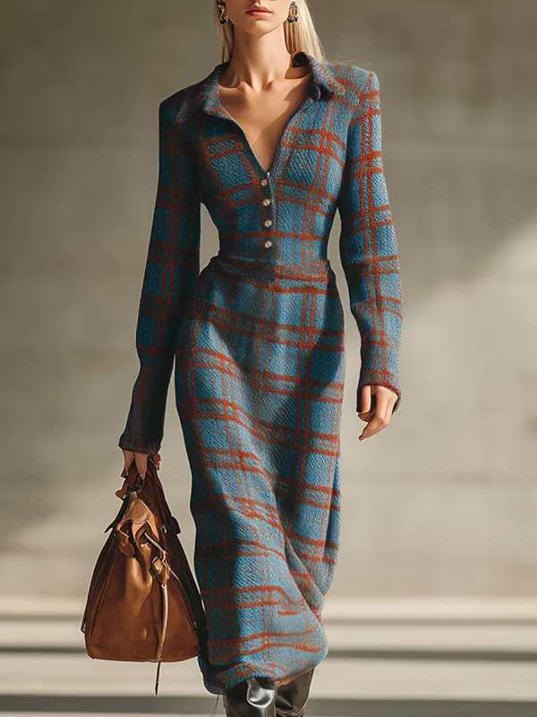 Retro Blue And Red Contrast Plaid Lapel Knitted Maxi Dress sold by Oyrosy