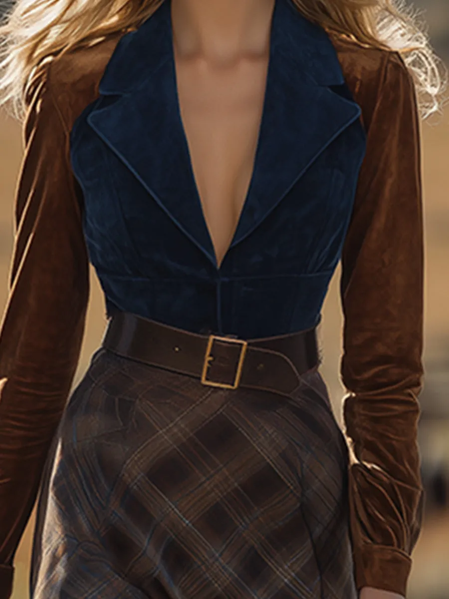 Chic Western Contrast Faux Suede Plaid Belted Maxi Dress sold by Oyrosy product image thumbnail 3