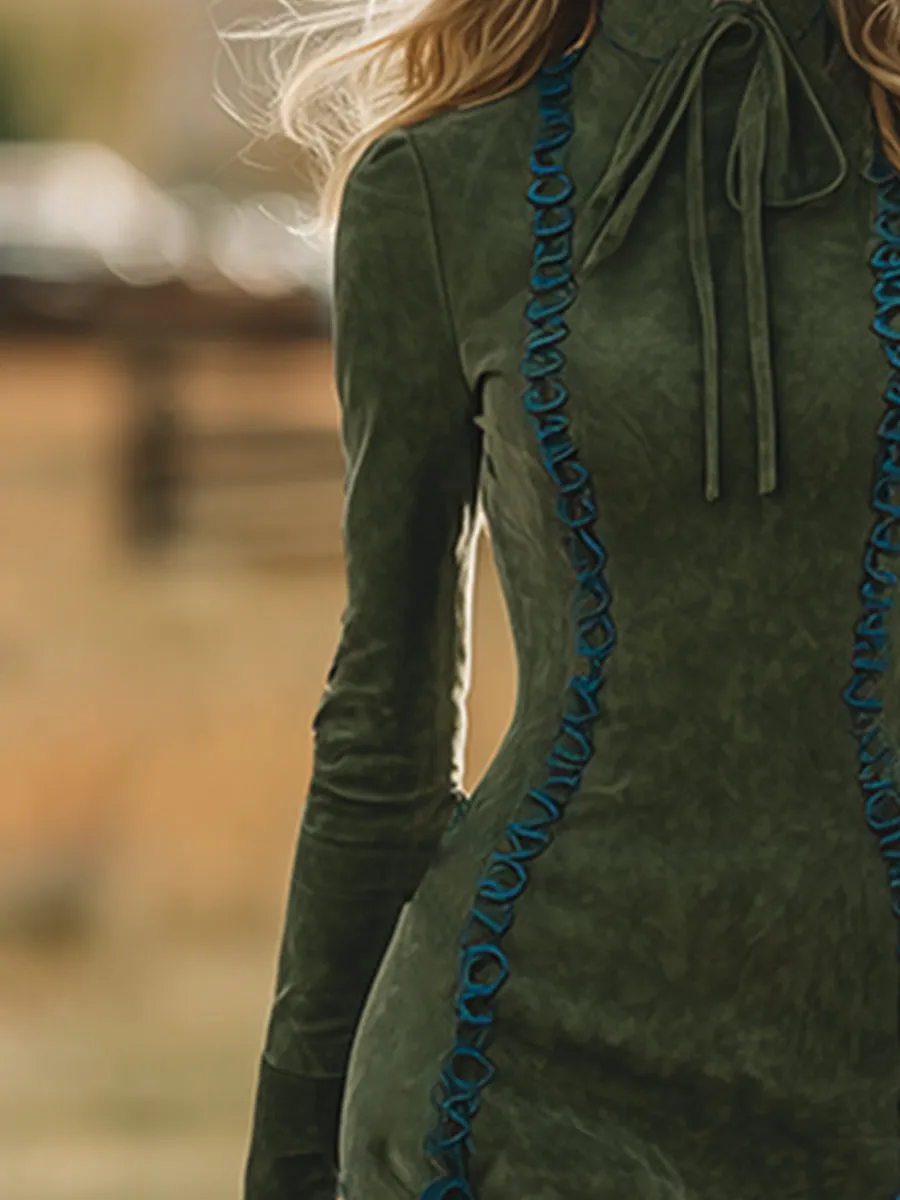 Retro Western Cowgirl Stand Collar Decorative Tie-up Slit Green Faux Suede Maxi Dress sold by Oyrosy product image thumbnail 3