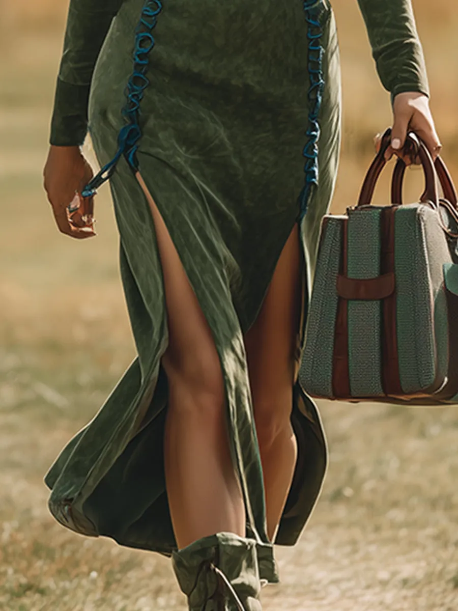 Retro Western Cowgirl Stand Collar Decorative Tie-up Slit Green Faux Suede Maxi Dress sold by Oyrosy product image thumbnail 4