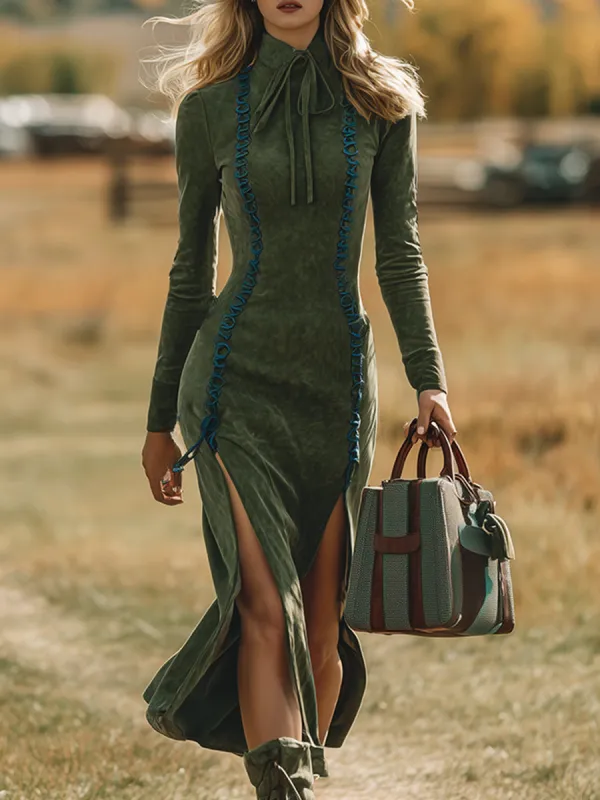 Retro Western Cowgirl Stand Collar Decorative Tie-up Slit Green Faux Suede Maxi Dress sold by Oyrosy