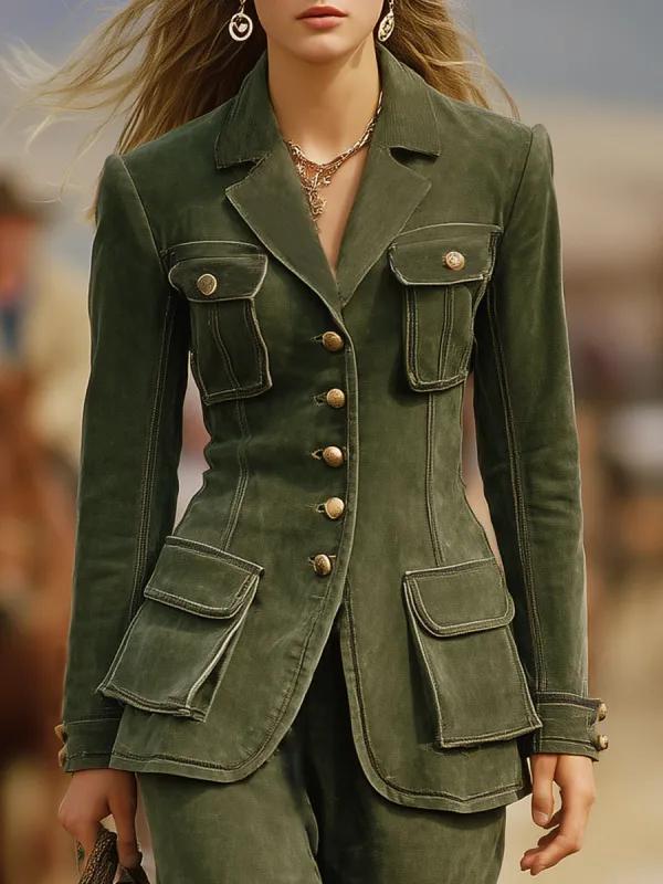 Vintage Western Green Faux Suede Multi-Pocket Blazer sold by Oyrosy