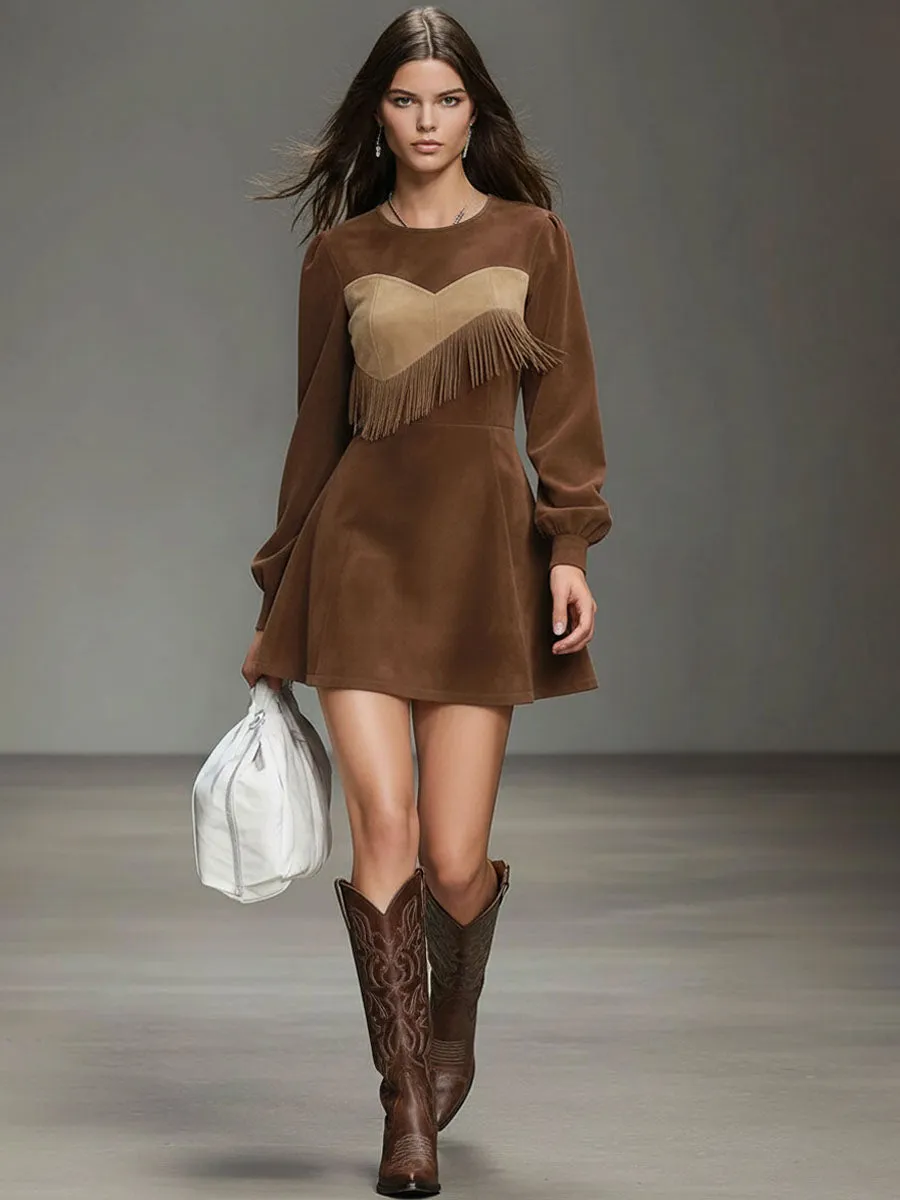 Round Neck Contrast Color Faux Suede Tassel Mini Dress sold by Oyrosy product image thumbnail 5