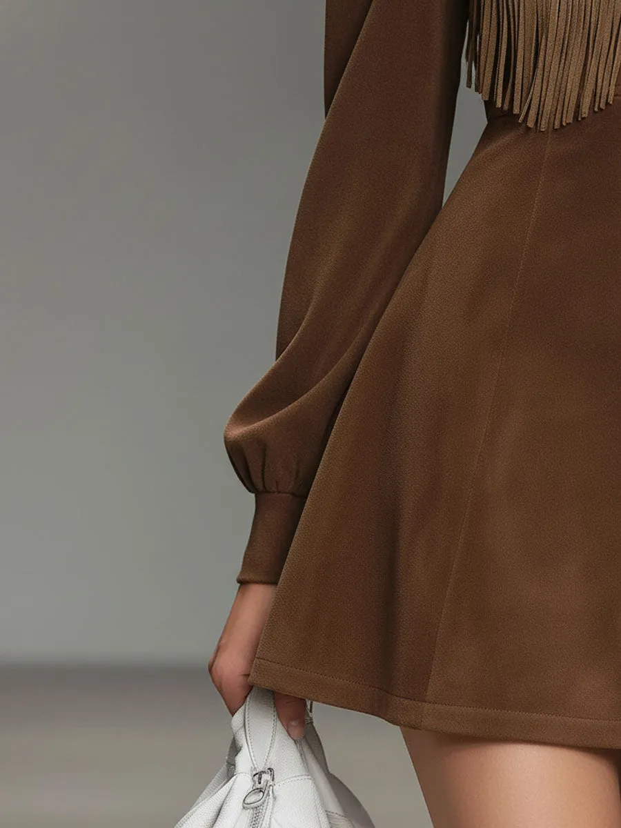 Round Neck Contrast Color Faux Suede Tassel Mini Dress sold by Oyrosy product image thumbnail 3