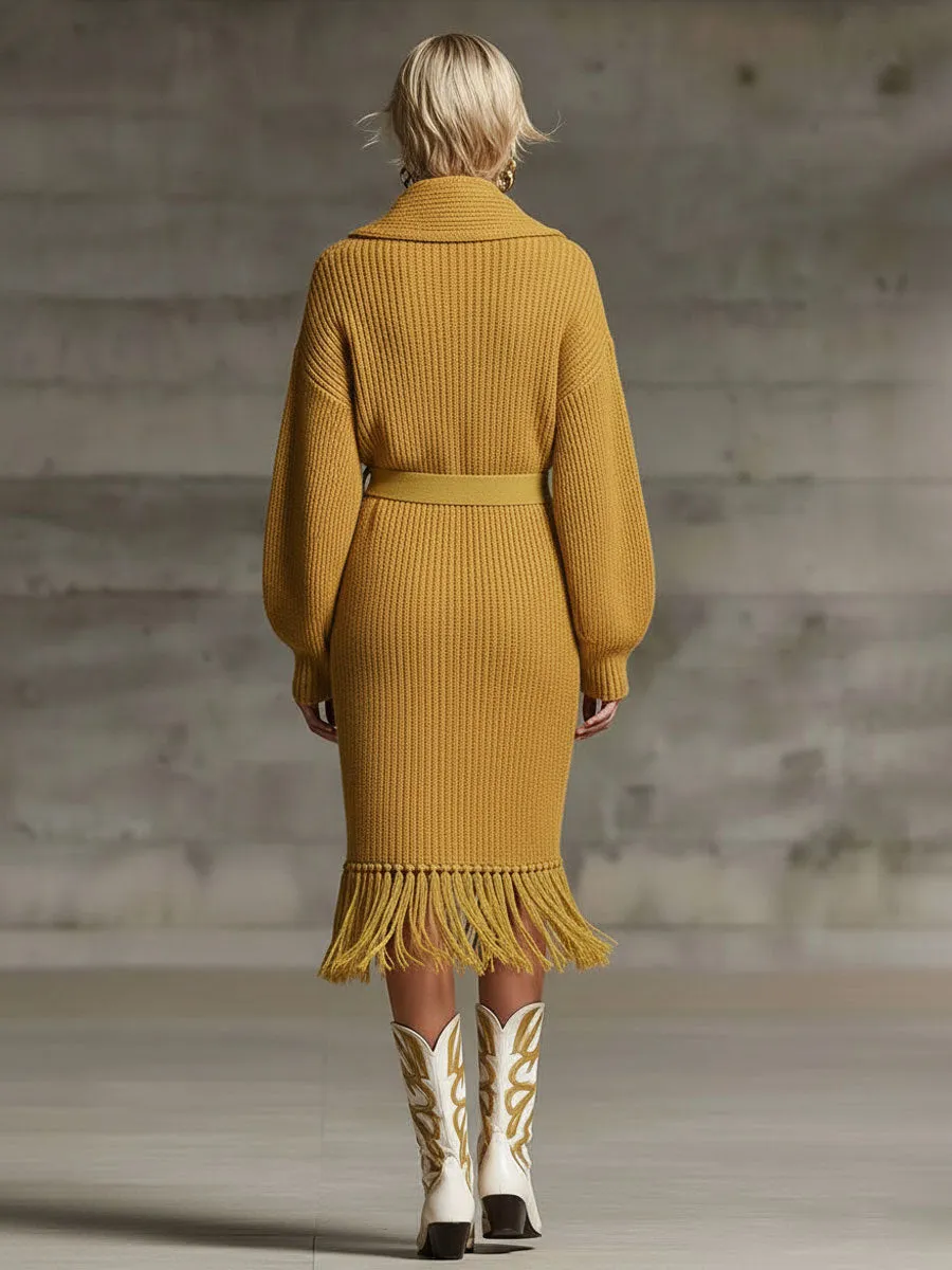 Lapel Belted Tassel Knitted Cardigan Coat sold by Oyrosy product image thumbnail 5