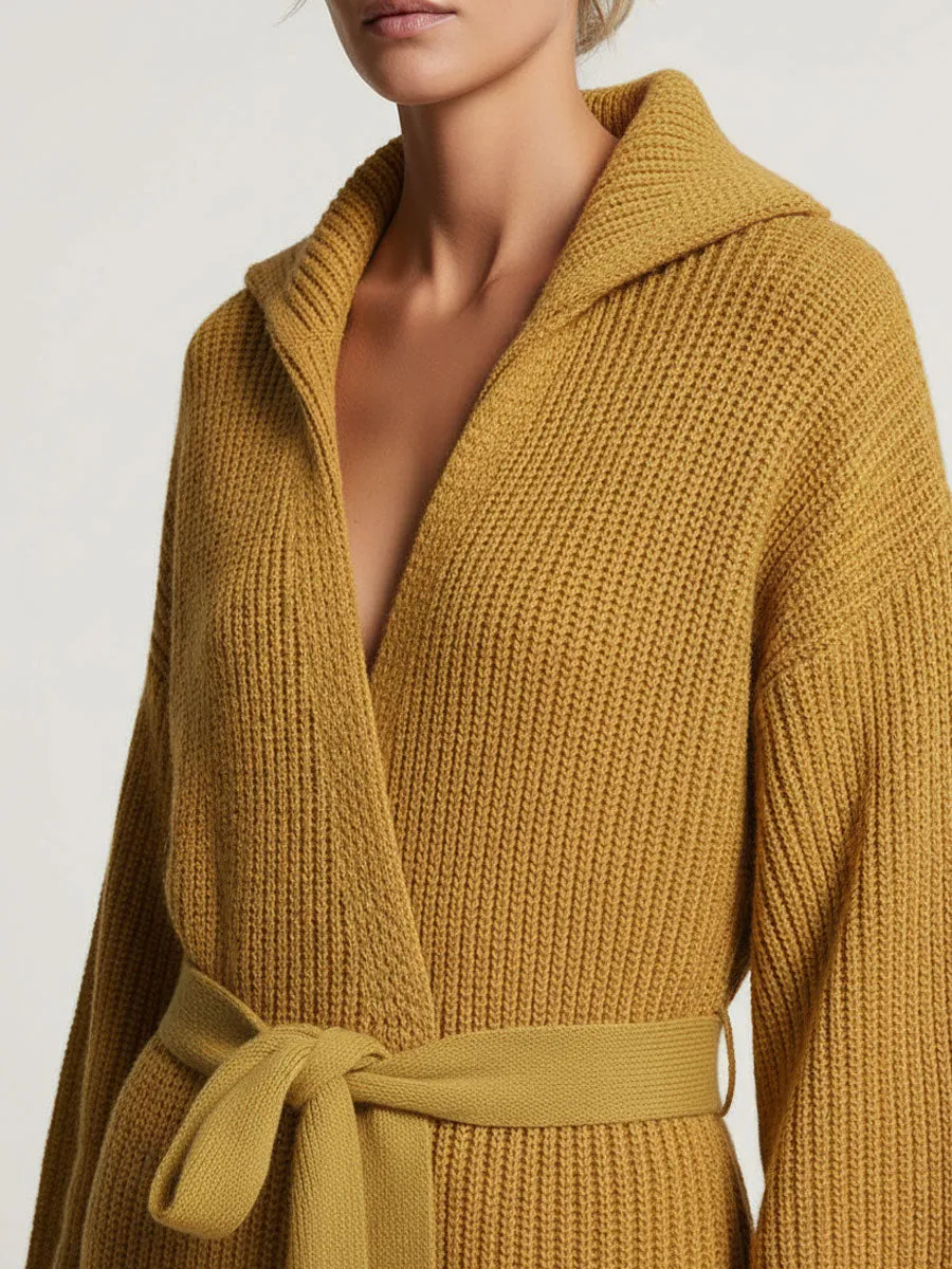 Lapel Belted Tassel Knitted Cardigan Coat sold by Oyrosy product image thumbnail 2