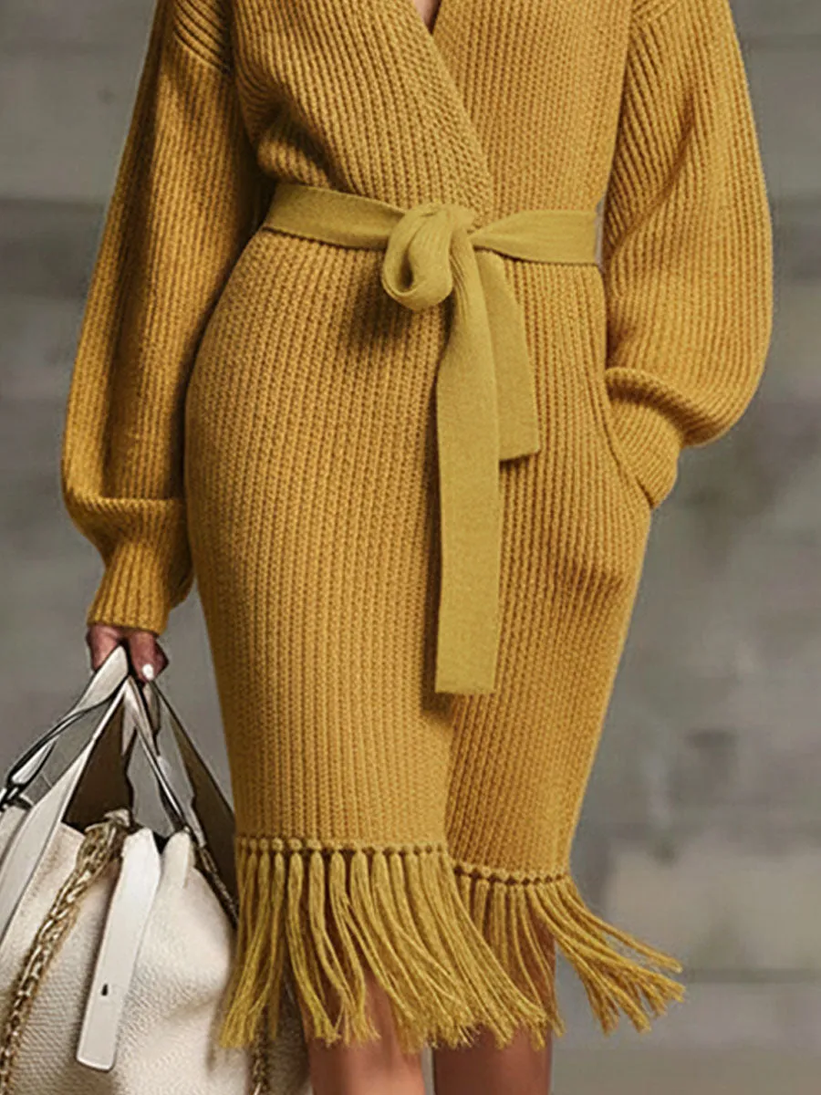 Lapel Belted Tassel Knitted Cardigan Coat sold by Oyrosy product image thumbnail 3