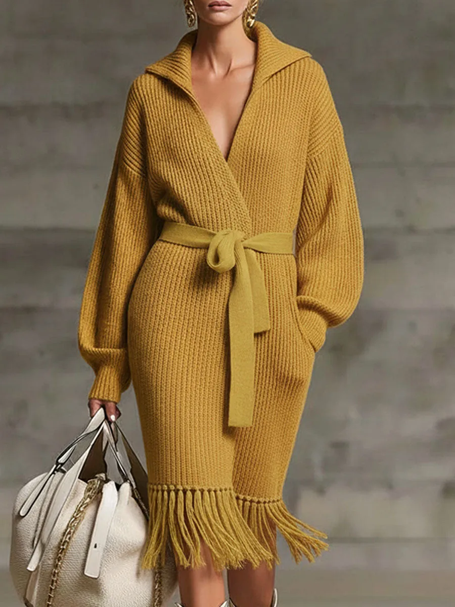 Lapel Belted Tassel Knitted Cardigan Coat sold by Oyrosy