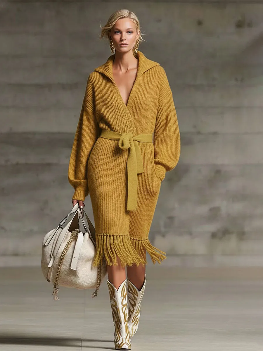 Lapel Belted Tassel Knitted Cardigan Coat sold by Oyrosy product image thumbnail 4