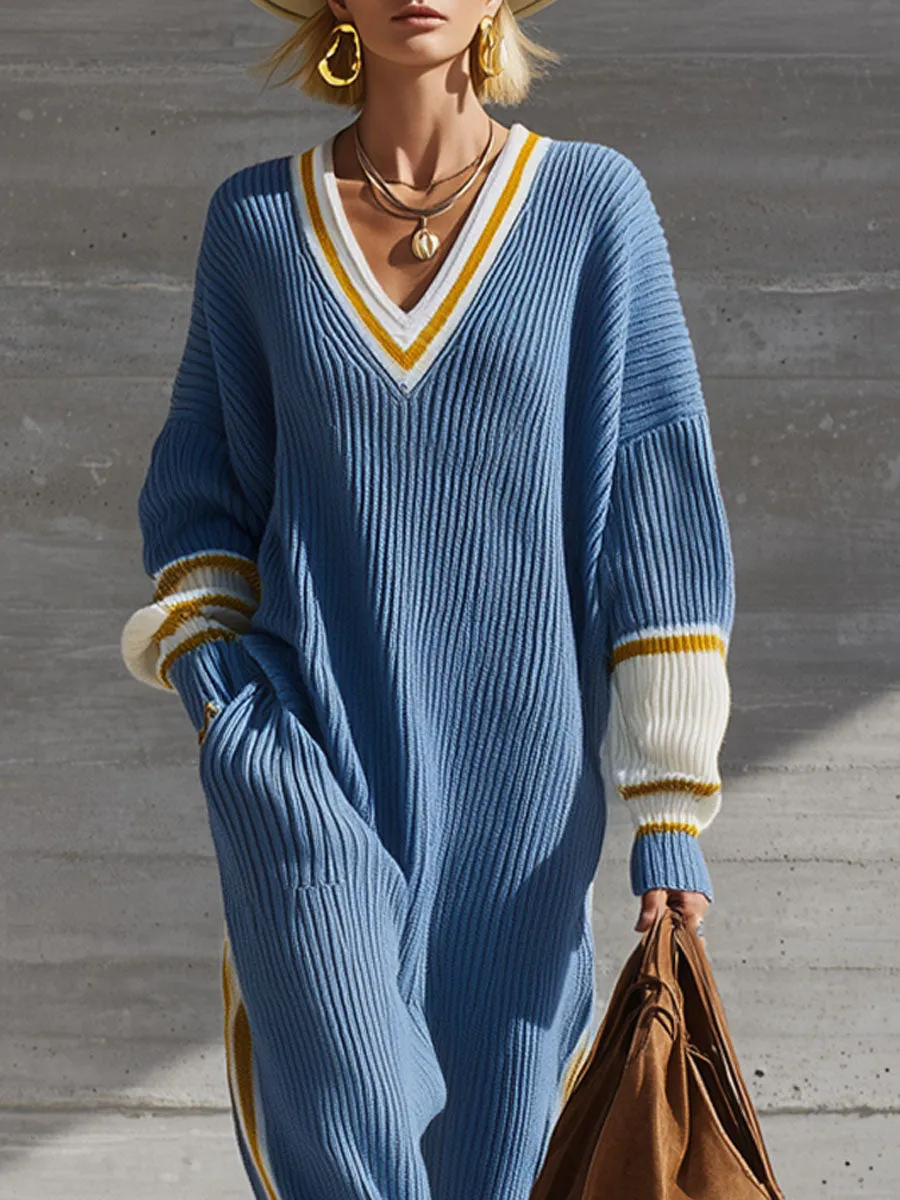 Loose V-neck Contrast-edged Knitted Midi Dress sold by Oyrosy product image thumbnail 2