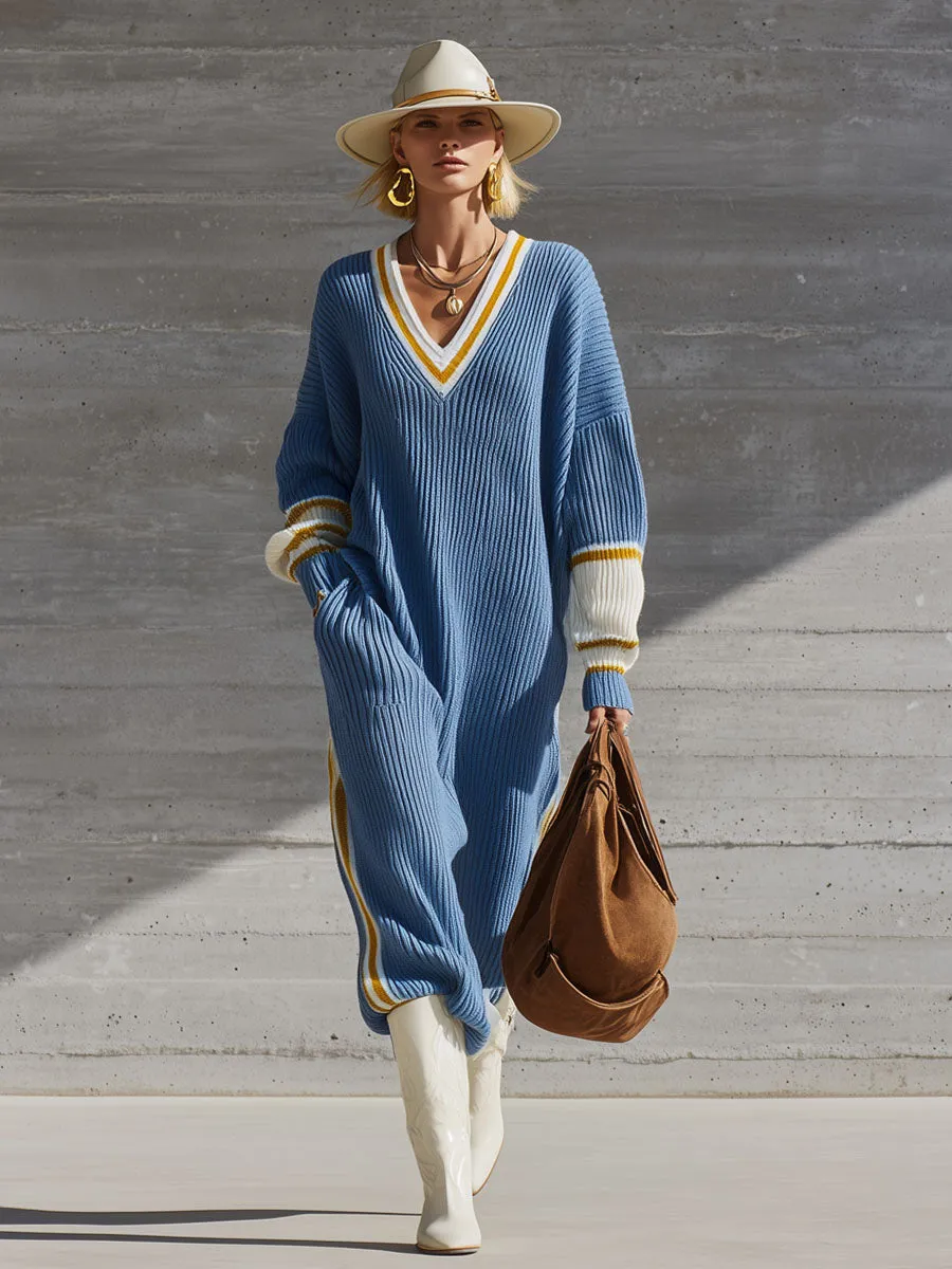 Loose V-neck Contrast-edged Knitted Midi Dress sold by Oyrosy product image thumbnail 4