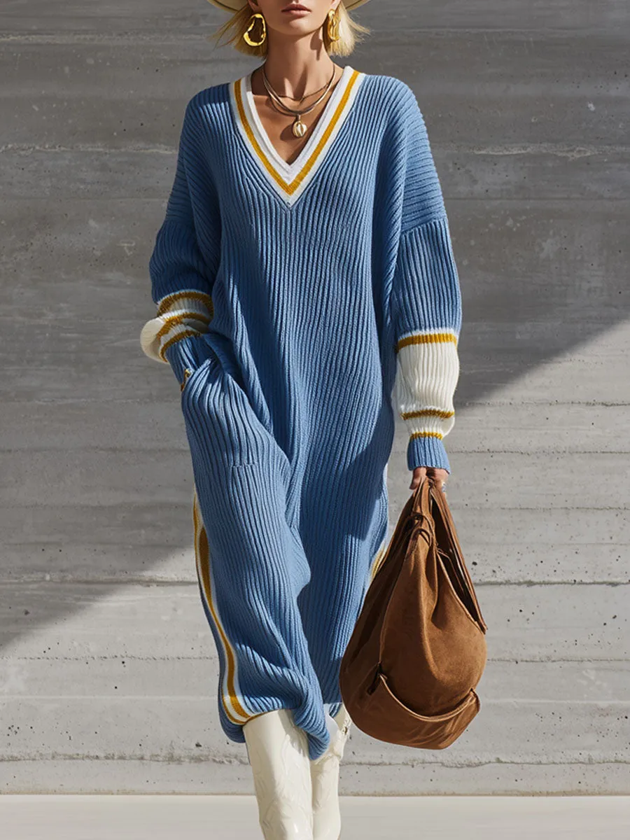 Loose V-neck Contrast-edged Knitted Midi Dress sold by Oyrosy