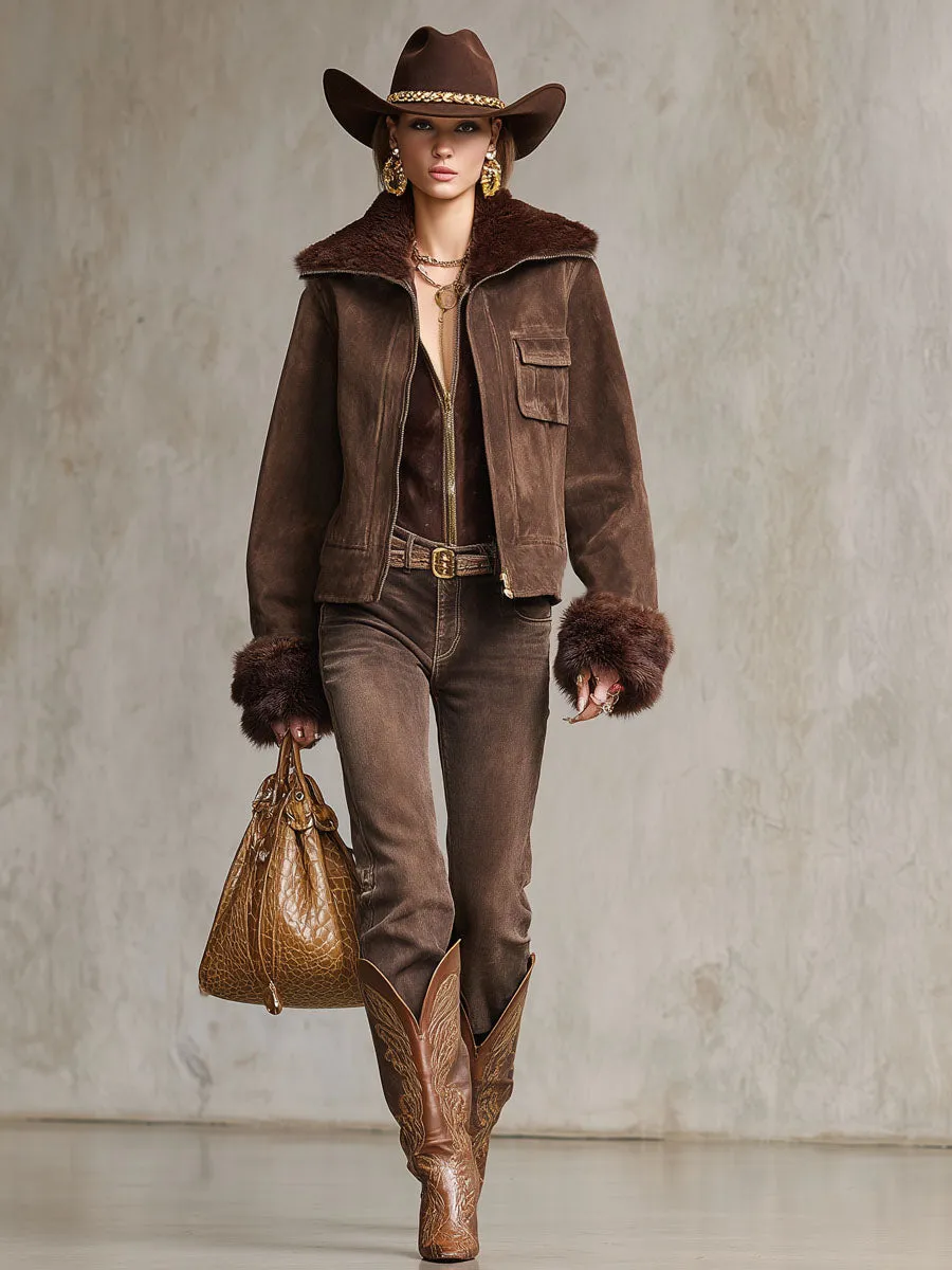 Lapel Lambswool And Faux Suede Zip-up Jacket sold by Oyrosy product image thumbnail 4