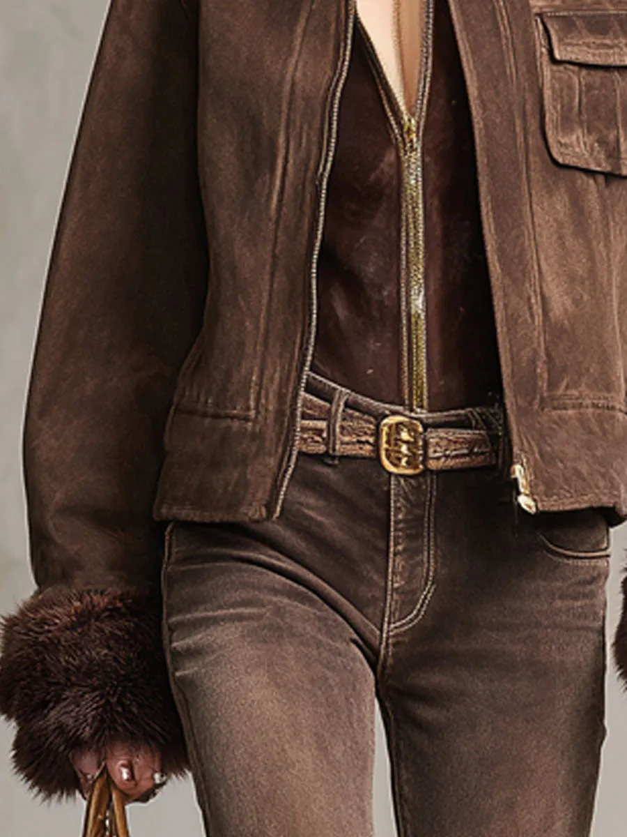 Lapel Lambswool And Faux Suede Zip-up Jacket sold by Oyrosy product image thumbnail 3