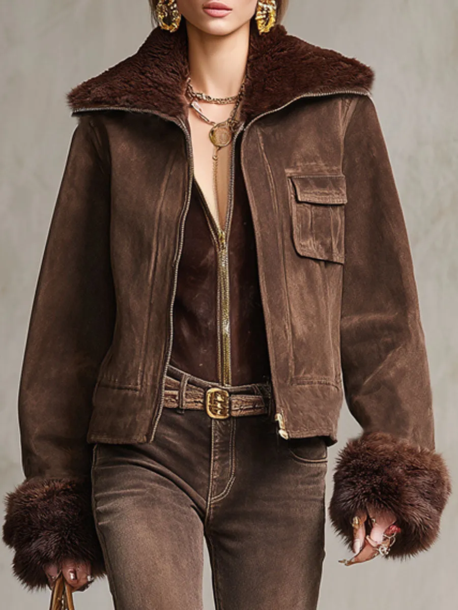 Lapel Lambswool And Faux Suede Zip-up Jacket sold by Oyrosy