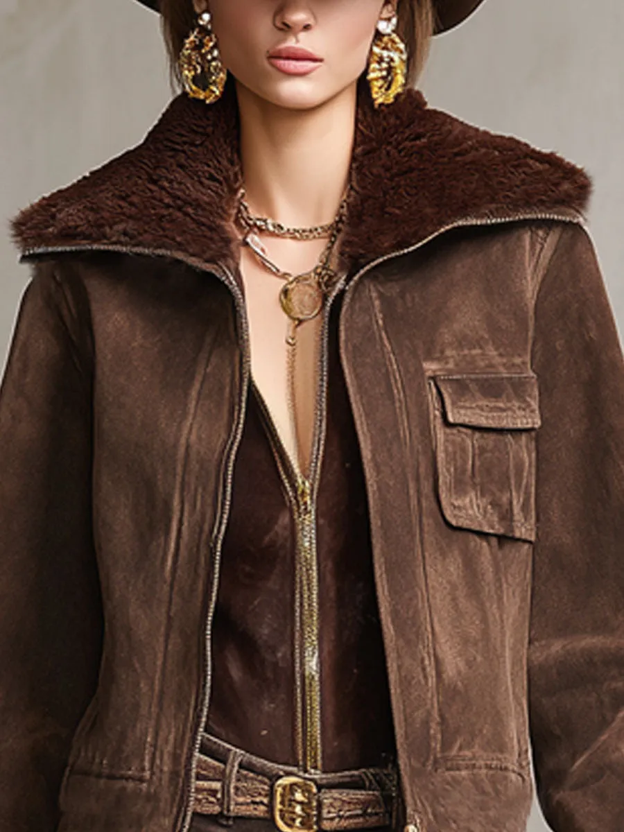 Lapel Lambswool And Faux Suede Zip-up Jacket sold by Oyrosy product image thumbnail 2