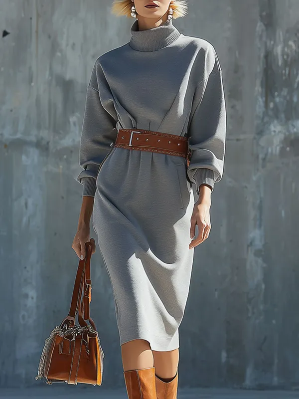 Casual Loose Grey Turtleneck Midi Dress sold by Oyrosy