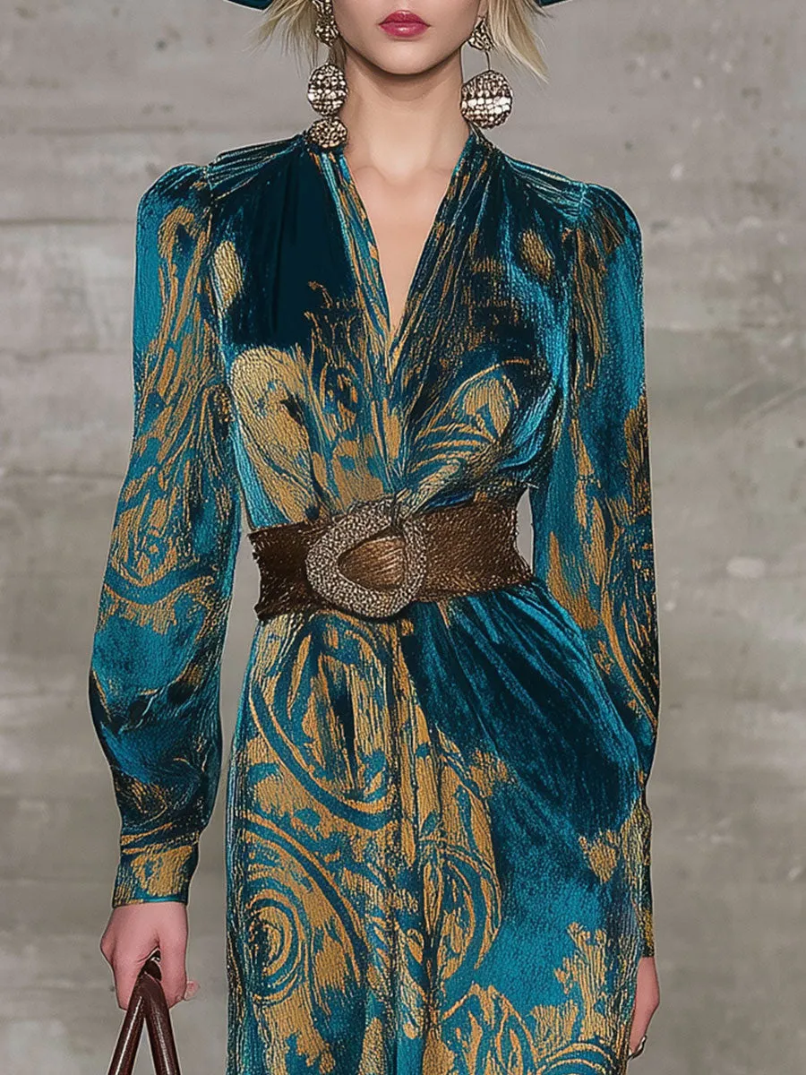 Retro Fashion Blue Velvet Printed Midi Dress sold by Oyrosy product image thumbnail 3