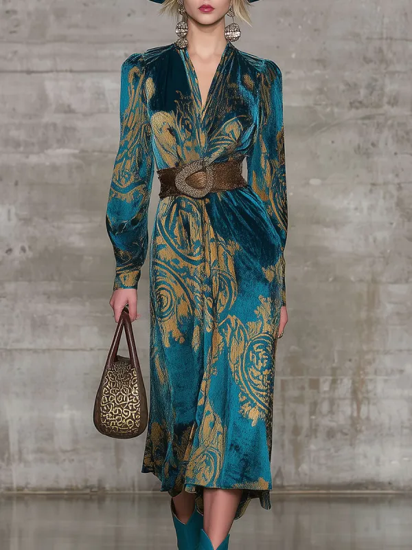 Retro Fashion Blue Velvet Printed Midi Dress sold by Oyrosy