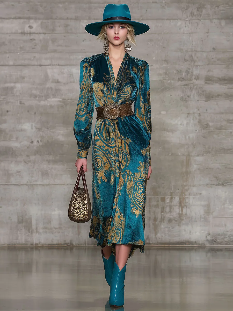 Retro Fashion Blue Velvet Printed Midi Dress sold by Oyrosy product image thumbnail 2