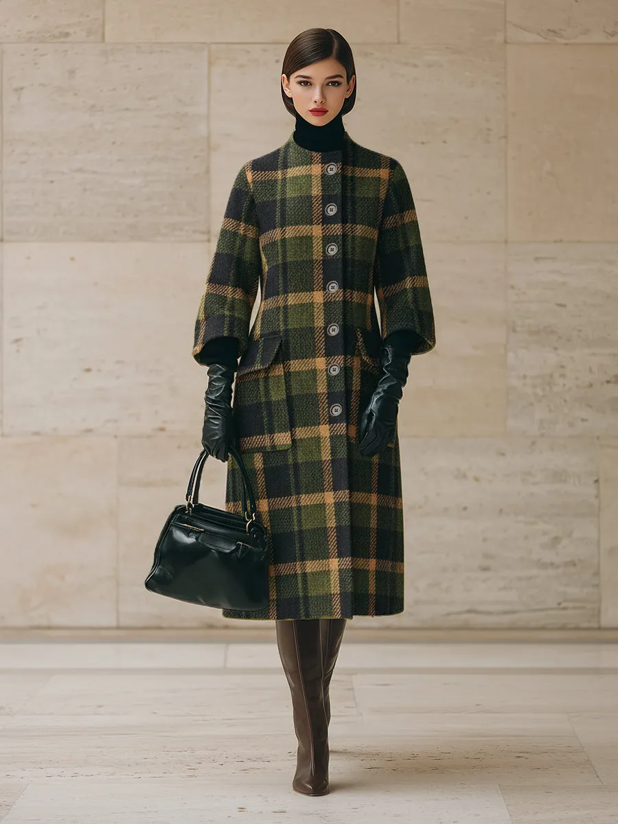 Retro Fashionable Green Plaid Collarless Coat sold by Oyrosy product image thumbnail 2