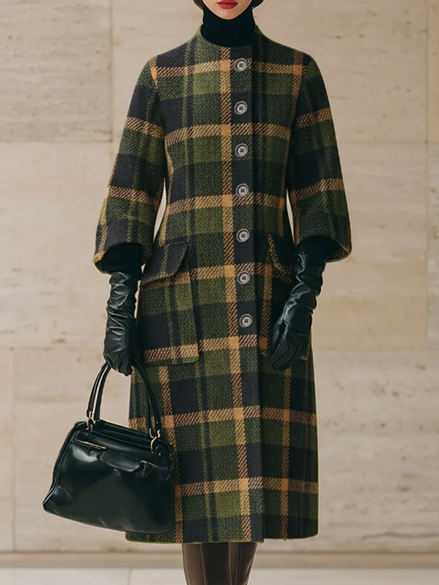 Retro Fashionable Green Plaid Collarless Coat sold by Oyrosy