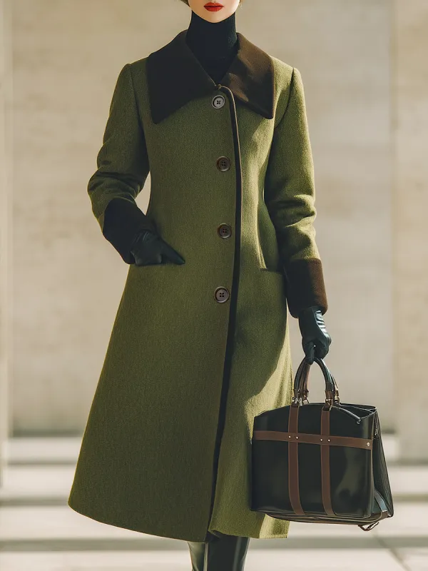 High-end Fashionable Contrast Collar Olive Green Woolen Coat sold by Oyrosy