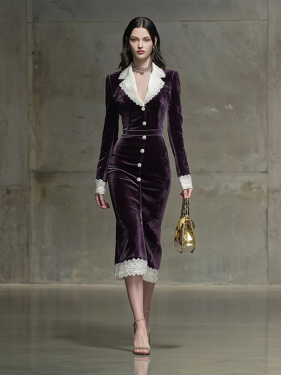 Elegant Purple Velvet Stitching Lace Button Slim Midi Dress sold by Oyrosy product image thumbnail 2