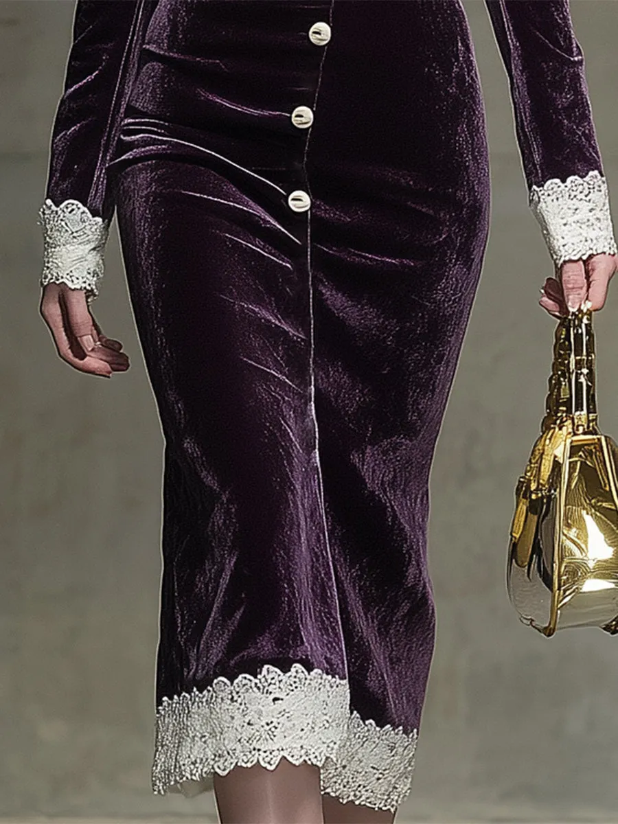 Elegant Purple Velvet Stitching Lace Button Slim Midi Dress sold by Oyrosy product image thumbnail 4