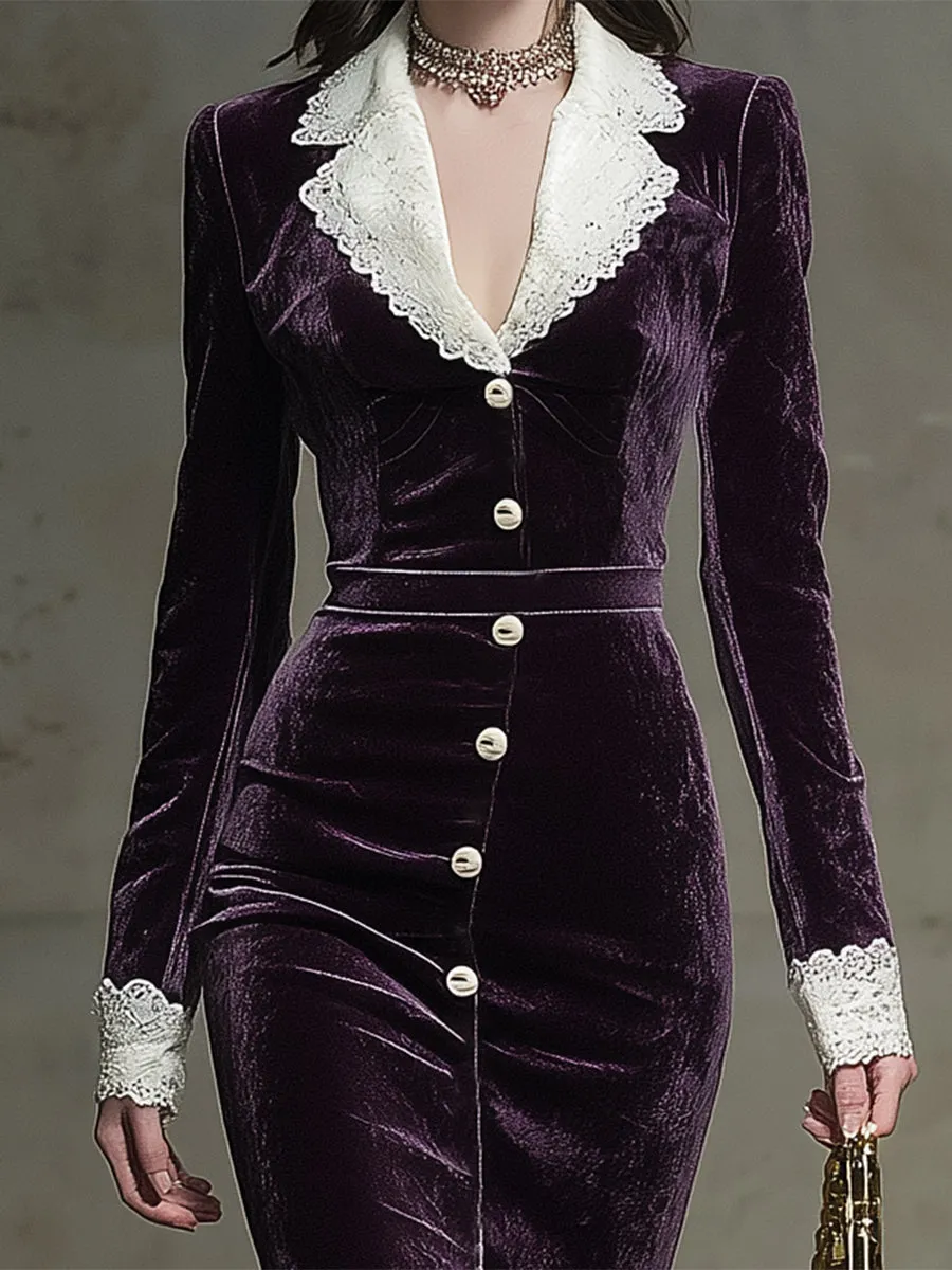 Elegant Purple Velvet Stitching Lace Button Slim Midi Dress sold by Oyrosy product image thumbnail 3