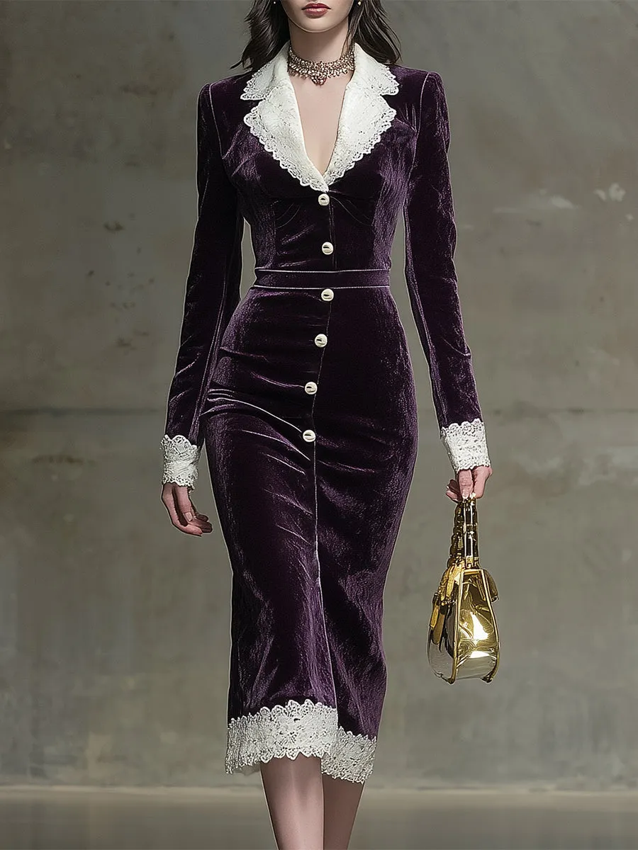 Elegant Purple Velvet Stitching Lace Button Slim Midi Dress sold by Oyrosy