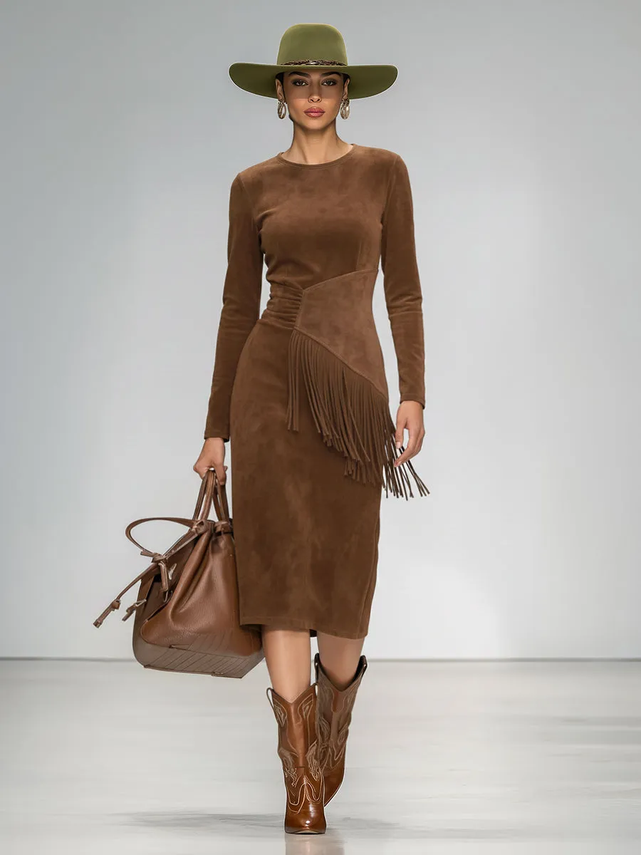 Vintage Round Neck Long Sleeve Tassel Faux Suede Dress sold by Oyrosy product image thumbnail 2