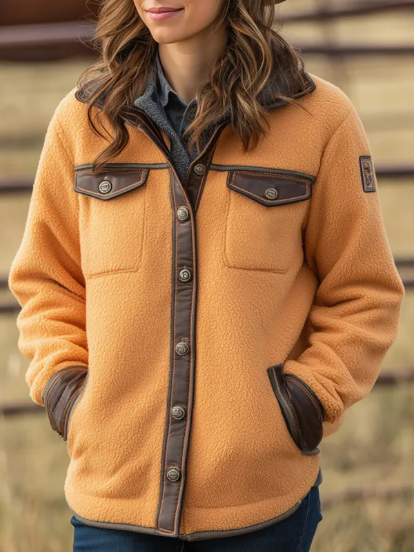 Western Retro Pu Trim Orange Polar Fleece Jacket Coat sold by Oyrosy